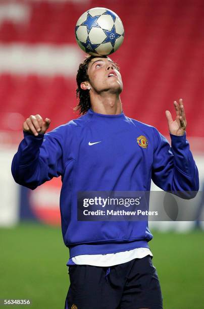 Cristiano Ronaldo of Manchester United in action during a training session ahead of the UEFA Champions League match between Benfica and Manchester...