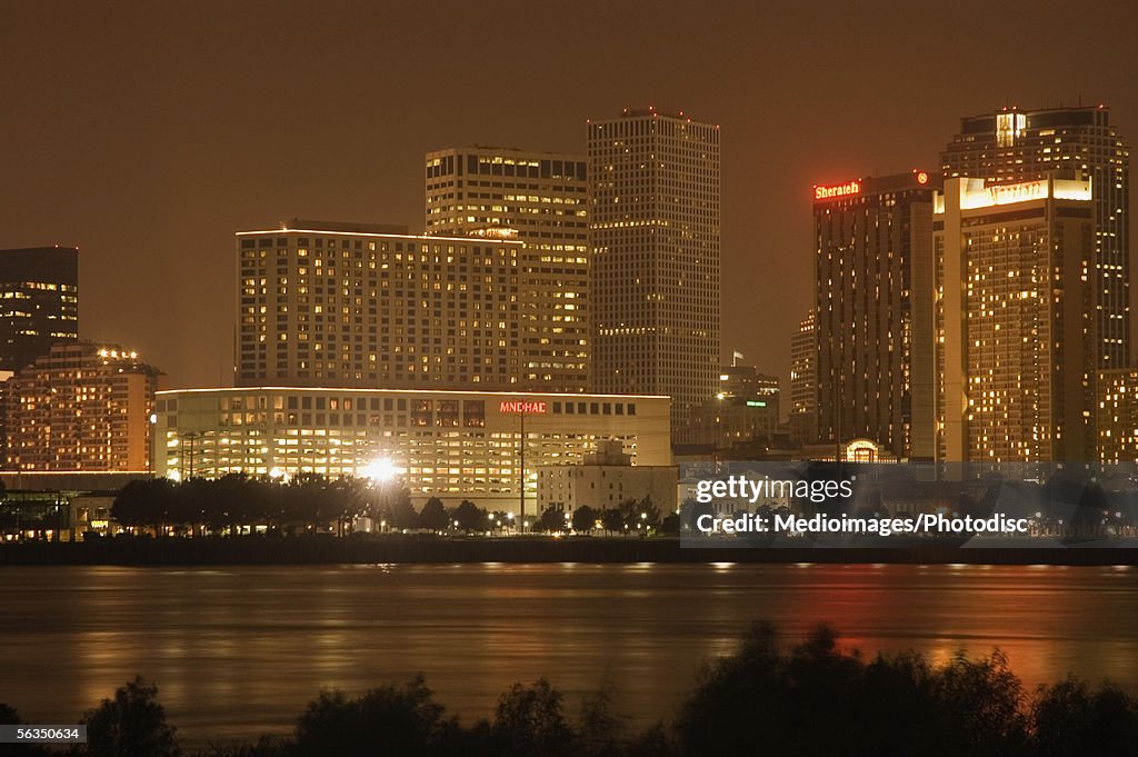 Illuminated buildings at night, New Orleans