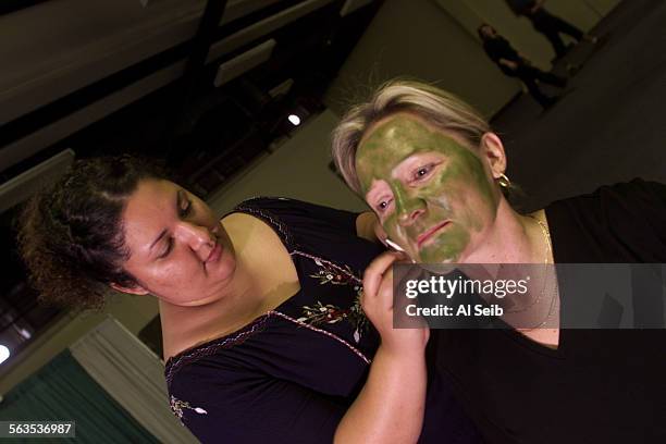 Scare school. Laurie Schenden is getting makeup applied by Gia Pluma, a makeup artist during scare school for the Queen Mary 2001 Shipwreck Halloween...