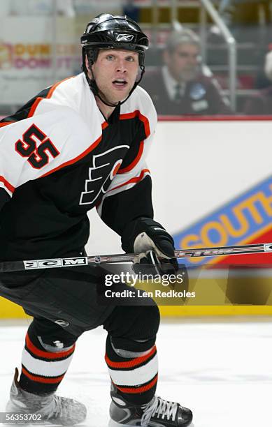 Ben Eager of the Philadelphia Flyers skates during the game against the New Jersey Devils at the Wachovia Center on November 30,2005 in Philadelphia,...