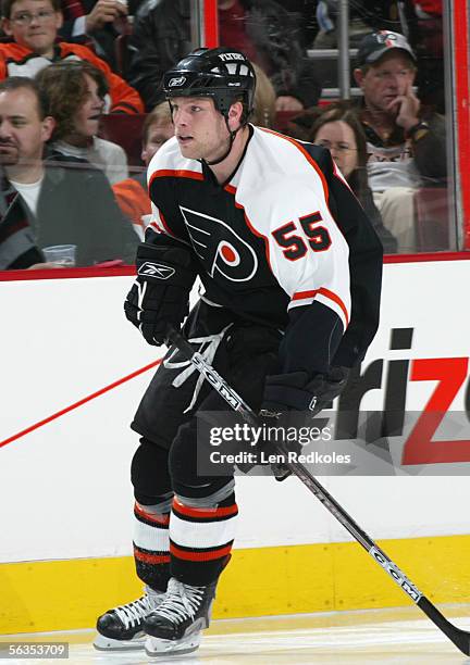 Ben Eager of the Philadelphia Flyers skates during the game against the New Jersey Devils at the Wachovia Center on November 30,2005 in Philadelphia,...