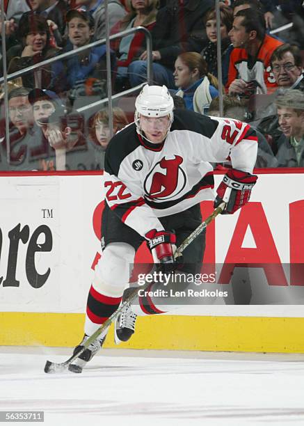 Viktor Kozlov of the New Jersey Devils controls the puck during the game against the Philadelphia Flyers at the Wachovia Center on November 30,2005...