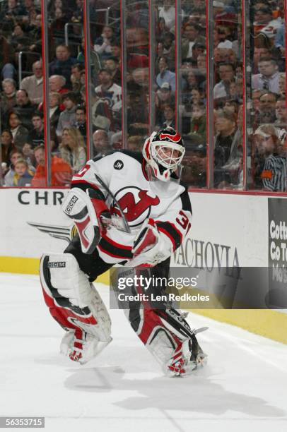 Goaltender Martin Brodeur of the New Jersey Devils moves for the puck during the game against the Philadelphia Flyers at the Wachovia Center on...