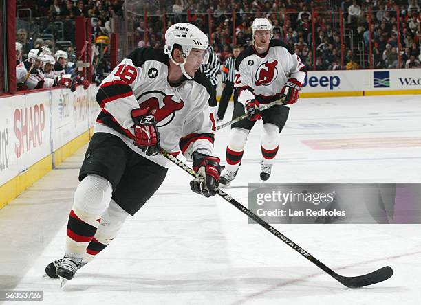 Sergei Brylin of the New Jersey Devils controls the puck during the game against the Philadelphia Flyers at the Wachovia Center on November 30,2005...