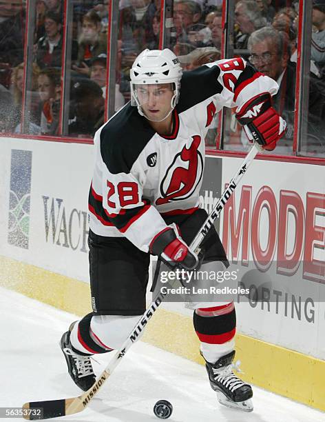 Brian Rafalski of the New Jersey Devils controls the puck during the game against the Philadelphia Flyers at the Wachovia Center on November 30,2005...