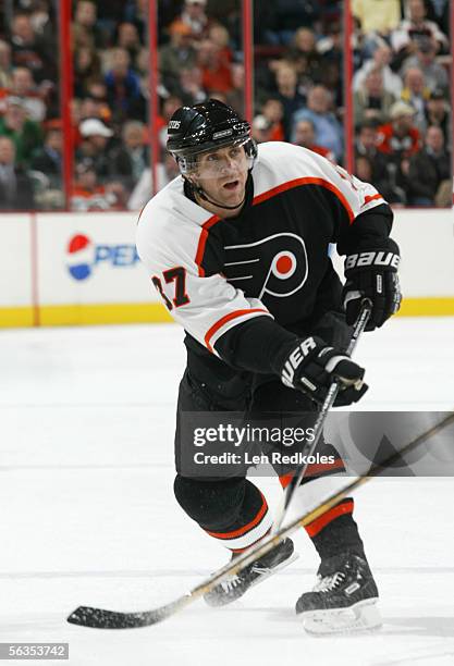 Eric Desjardins of the Philadelphia Flyers skates during the game against the New Jersey Devils at the Wachovia Center on November 30,2005 in...