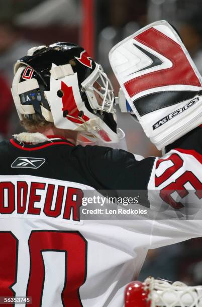 Goaltender Martin Brodeur of the New Jersey Devils takes a drink during the game against the Philadelphia Flyers at the Wachovia Center on November...