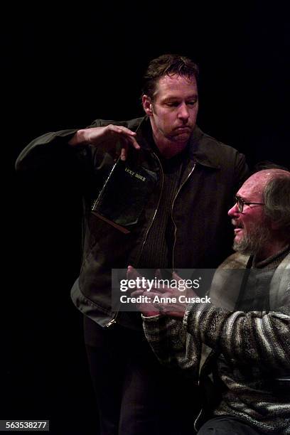 Sweeney who plays Montag temps Jay Gerber sho plays Professor Faber with a book by waving it in front of him. Ray Bradbury's Pandemonium Theatre...