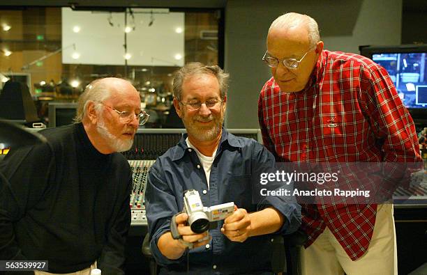 Composer John Williams, director Steven Spielberg and editor Michael Kahn are photographed for Los Angeles Times on October 2, 2002 at Sony Studios...