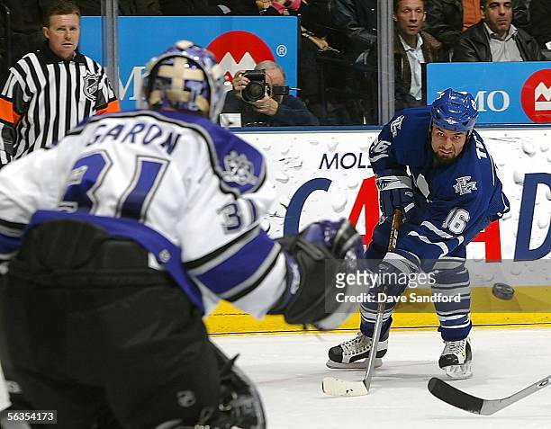 Darcy Tucker of the Toronto Maple Leafs takes a shot on Mathiew Garon of the Los Angeles Kings on December 6, 2005 at the Air Canada Centre in...