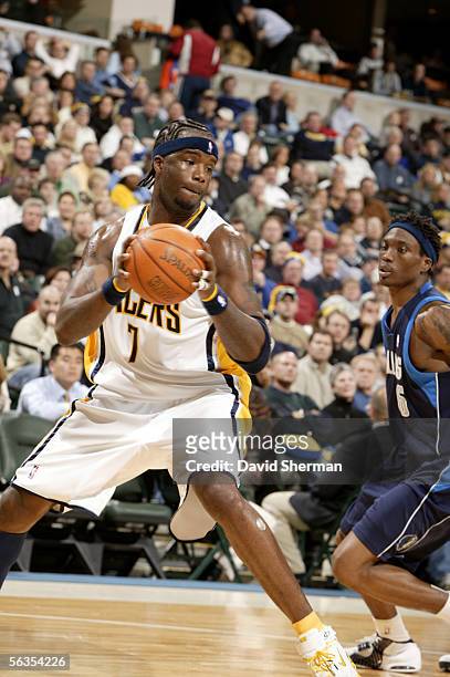 Jermaine O'Neal of the Indiana Pacers goes to the basket against Marquis Daniels of the Dallas Mavericks on December 6, 2005 at Conseco Fieldhouse in...