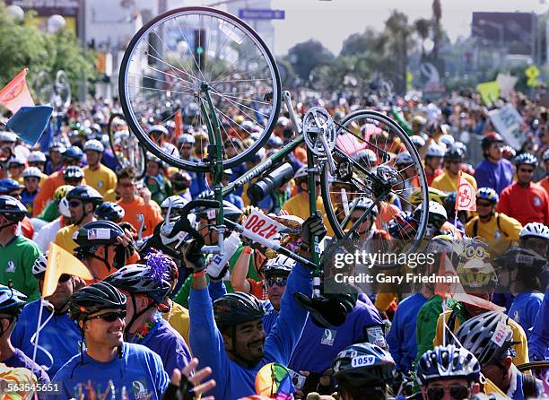 Some of the hundreds of cyclists gather in West Hollywood on Sunday, 5/19/2002 to celebrate the conclusion of the AIDS/LifeCycle. The 7 day cycling...