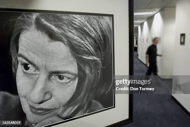 Photograph of the influential thinker and popular novelist Ayn Rand, taken during a TV interview in the 1960's, hangs in the offices of the Ayn Rand...