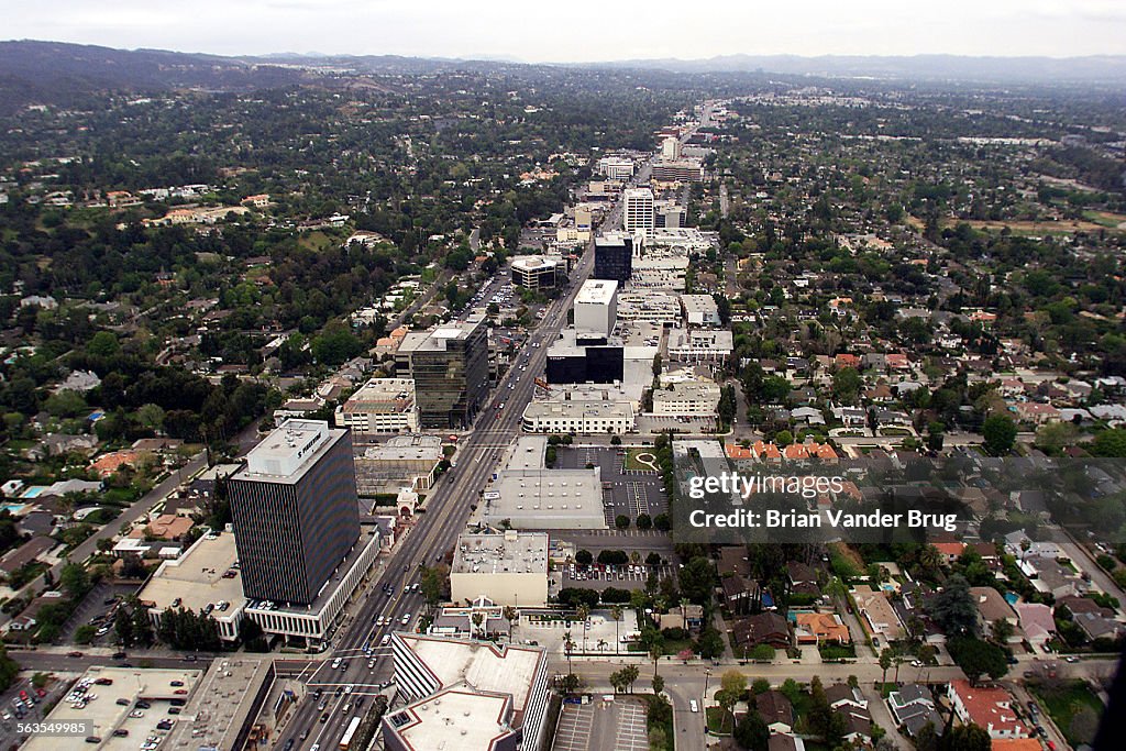 Aerial photo of San Fernando Valley looking west from Sherman Oaks down Ventura Blvd. Photographed M