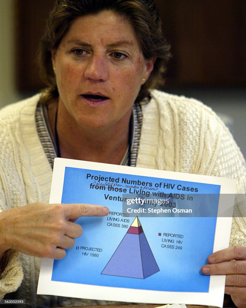 Lynn Bartosh, a county social worker with the HIV/AIDS Services unit, holds up a page from their web