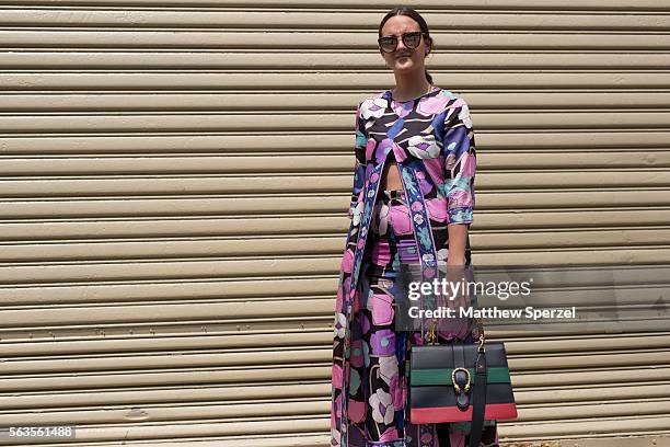 Meg Busacca is seen attending the Nick Graham, Kenneth Ning & John Elliott presentations wearing a vintage outfit with Anthropologie shoes and Gucci...