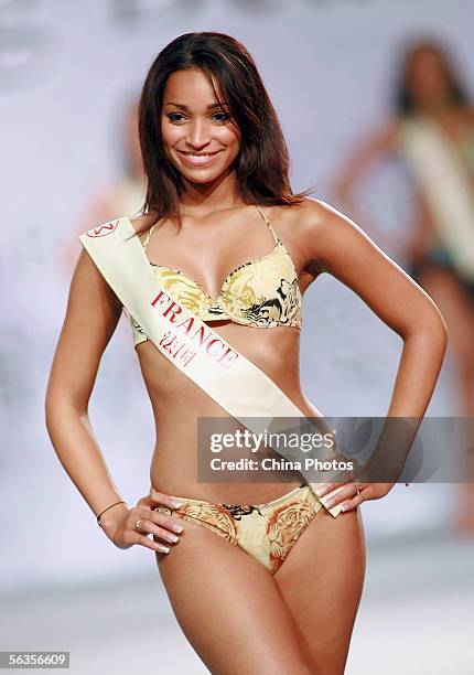 Contestant of the 55th Miss World 2005, Cindy Fabre of France performs during the Beachwear Final at the Sheraton Sanya Resort on December 6, 2005 in...