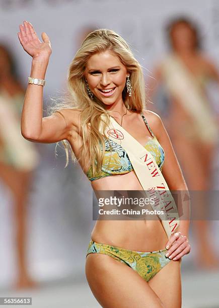 Contestant of the 55th Miss World 2005, Kay Margaret Anderson of New Zealand performs during the Beachwear Final at the Sheraton Sanya Resort on...