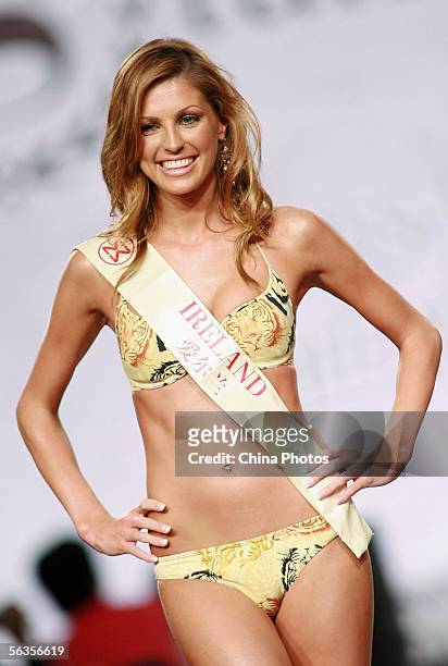 Contestant of the 55th Miss World 2005, Aoife Mary Cogan of Ireland performs during the Beachwear Final at the Sheraton Sanya Resort on December 6,...