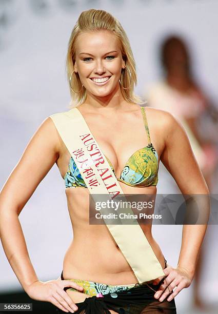 Contestant of the 55th Miss World 2005, Dennae Brunow of Australia performs during the Beachwear Final at the Sheraton Sanya Resort on December 6,...