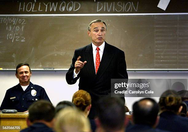 William Bratton, Mayor Hahn's selection for the new LAPD Police Chief, speaks to the officers at roll call at the Hollywood Police Station, 1358 N....