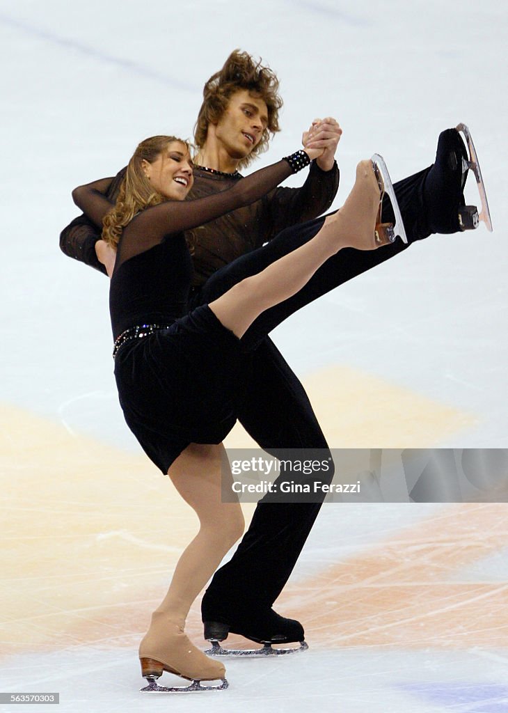 USA's Naomi Lang and Peter Tchernyshev compete in the second dance of the Compulsory Dance competiti