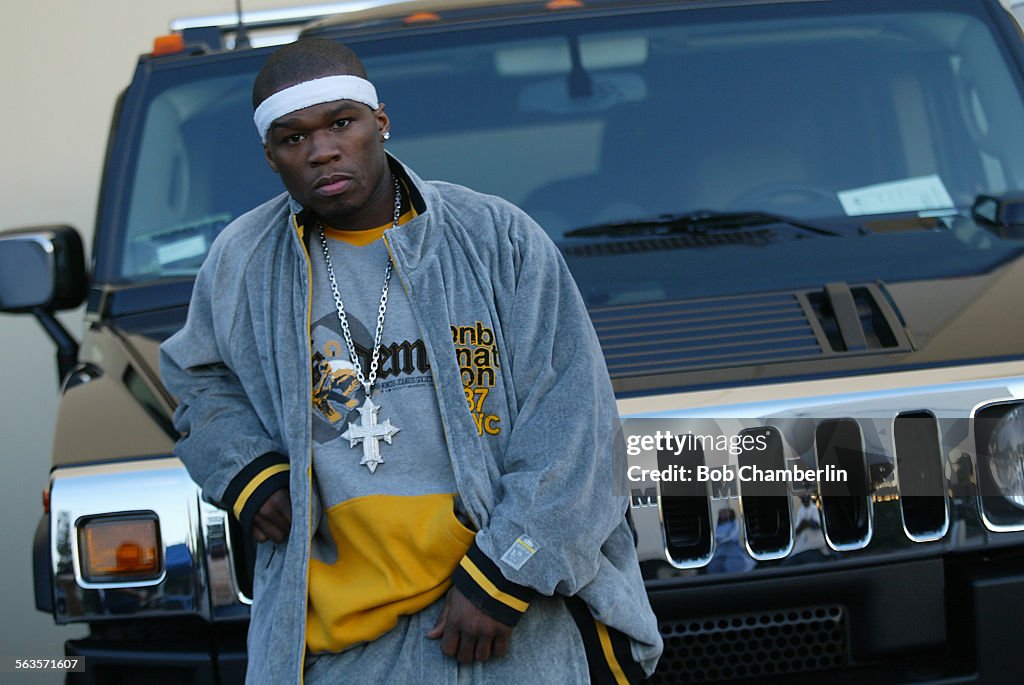 Rapper Curtis Jackson aka "50 Cent Rapper" in front of HUMVEE outside Stage 17 at Raleigh Studios in