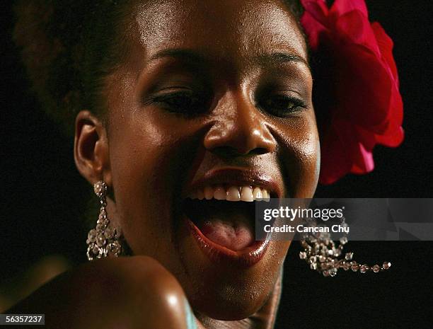 Contestant of the 55th Miss World 2005, Terri-Karelle Griffith of Jamaica attends a dinner party after the Beachwear Final at the Sheraton Sanya...