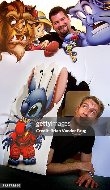 Writer/directors Chris Sanders, bottom, and Dean DeBlois, top, are photographed for Los Angeles Times on June 13, 2002 at Disney Animation in...