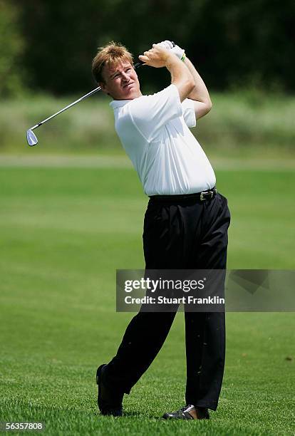 Ernie Els of South Africa plays his approach shot on the fourth hole during the practice round at The Dunhill Championships at The Leopard Creek...