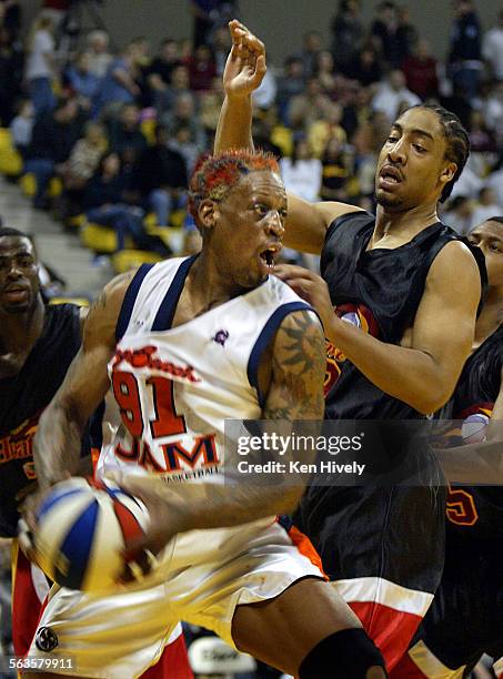 Former NBA player DENNIS RODMAN plays his first professional basketball game since 2000, as Long Beach Jam plays Fresno HeatWave in ABA competition...