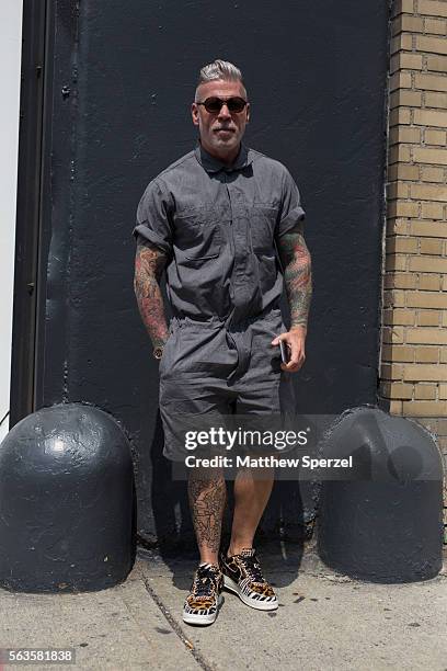 Nick Wooster is seen attending the Nick Graham, Kenneth Ning & John Elliott presentations during New York Fashion Week Men’s Collection F/W 2017 on...