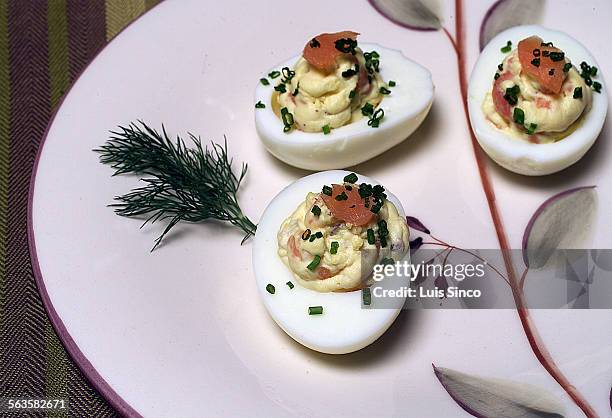 Deviled eggs with smoked salmon.
