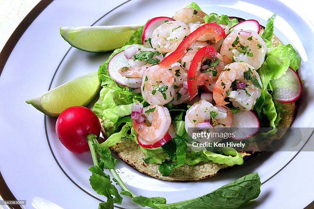 Lite shrimp: Shrimp tostada–plate from Williams Sonoma, November 14, 2001.