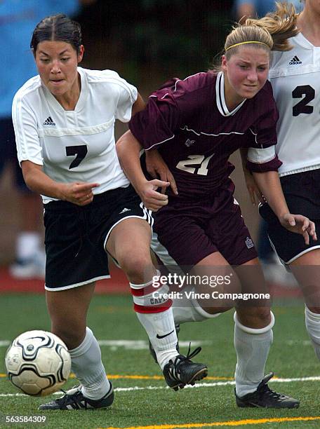 HarvardWestlake girls soccer players Jamie Artsis and Julia Shapira during game against Alemany. HarvardWestlake coach is Stacy Schwartz....