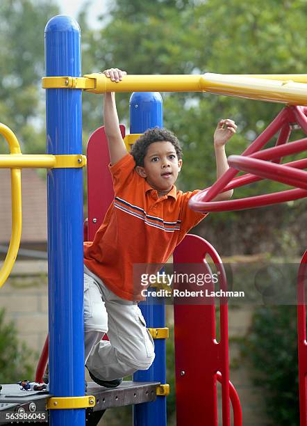 Before the dedication ceremony of the city of Costa Mesa KetchumLibolt Park, Taj Williams tries out the new playground equipment. His grandfather...