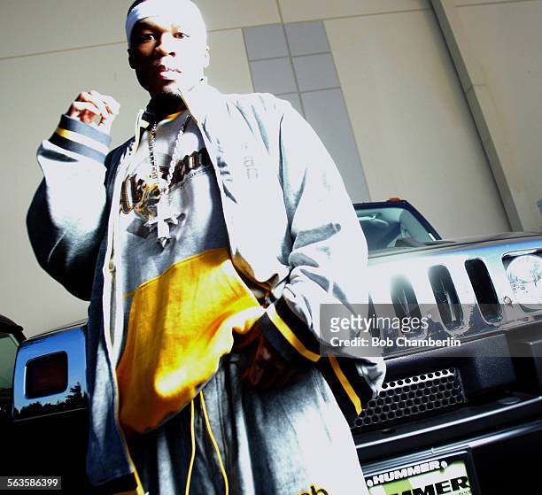 Rapper Curtis Jackson aka "50 Cent Rapper" in front of HUMVEE outside Stage 17 at Raleigh Studios in Manhattan Beach where he is shooting music video...