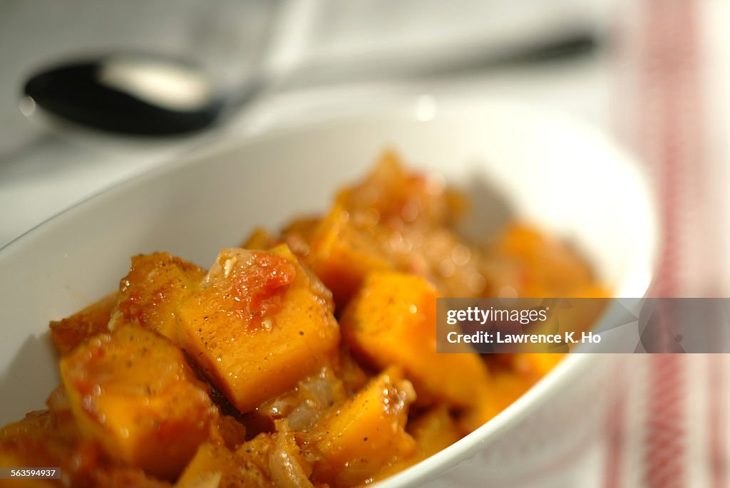 Butternut Squash with sweet spices. Serving bowl and towel from William Sonoma.