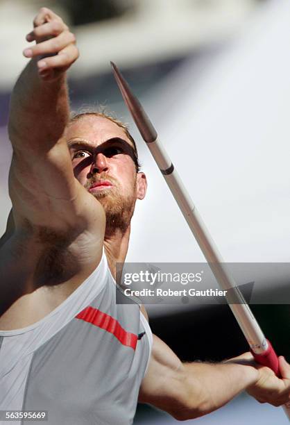 Tom Pappas competes in the Decathlon Javelin event at the U.S. Olympic Track and Field Team Trials in Sacramento, Saturday, July 17, 2004. Pappas...