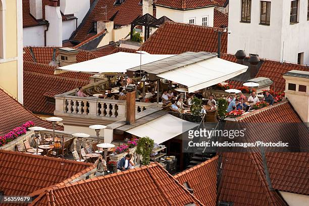 high angle view of a restaurant, prague, czech republic - prague cafe stock pictures, royalty-free photos & images