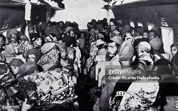 Plane load of Yemenese on their way to Israel, as part of Operation Magic Carpet, the 1949 effort to airlift the about 40,000 members of the Jewish...