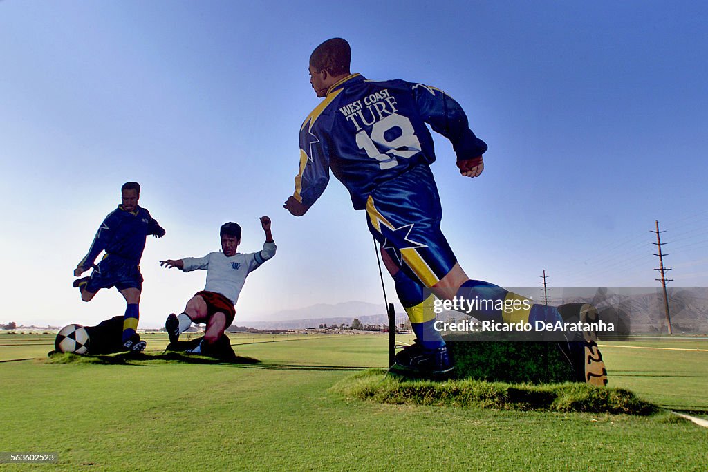 Cardboard cut outs of soccer players in action, advertise a sod farm in Indio.