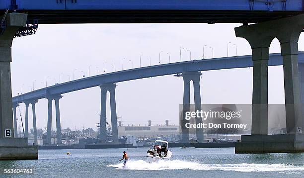 The San Deigo landmark CoronadoBay Bridge will stop collecting tolls Thursday after 33 years. Here a water skier passes under it's curving spans.