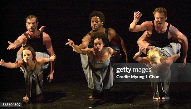 Katarzyna Skarpetowska , Mia McSwain, Abby Silva; rear left to right: Brian McGinnis , Michael Snipe and Marty Lawson of The Parsons Dance Company...