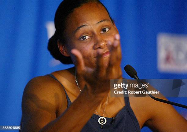 Marion Jones holds a press conference to discuss why she pulled out of the Women's 200 meter dash final at the U.S. Olympic Track and Field Team...