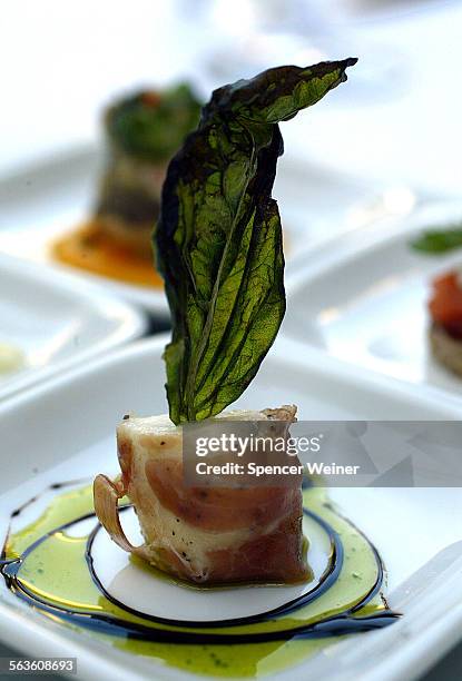 Detail of appetizer ' Prosciutto de Parma wrap' a fresh mozzerella cheese covered in a parsley infused olive oil and balsamic vinigerette. Restaurant...