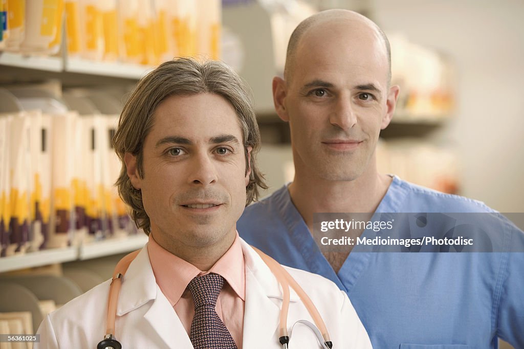 Doctor and healthcare worker in medical records room