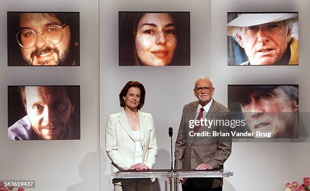 Actress Sigourney Weaver and Academy of Motion Picture Arts and Sciences president Frank Pierson read best director nomination announcements for the...