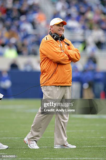 Head coach Phillip Fulmer of the Tennessee Volunteers looks on against the Kentucky Wildcats at Commonwealth Stadium on November 26, 2005 in...