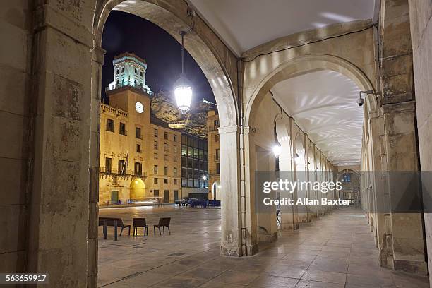 facade of alicante city hall at night - alicante province stock pictures, royalty-free photos & images